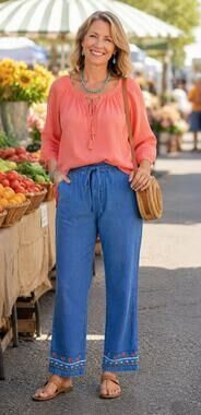 VTG 90s Breckenridge Petite M Embroidered Denim Pull On Pants Boho Artsy Cottage